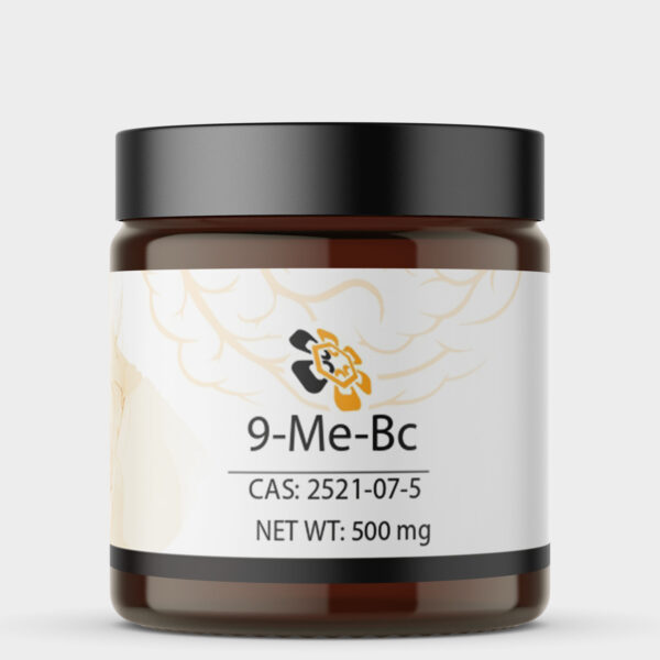 9-Me-BC (9-Methyl-β-carboline) powder in a container, a potent nootropic for cognitive enhancement, promoting focus, memory, and neuroprotection.